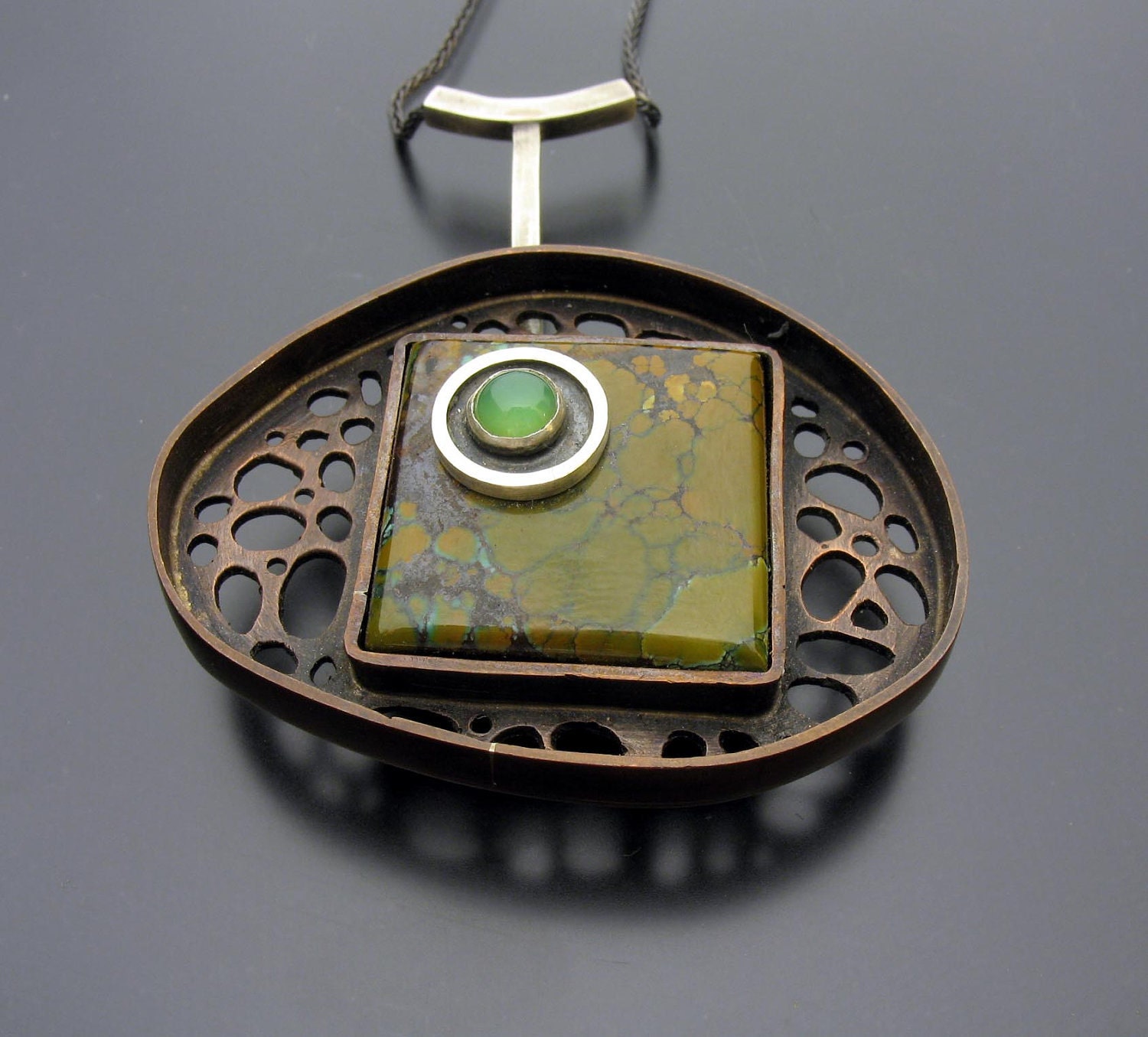 The Mossy Pebbled Path Pendant in Copper and Sterling with Turquoise and Chrysoprase