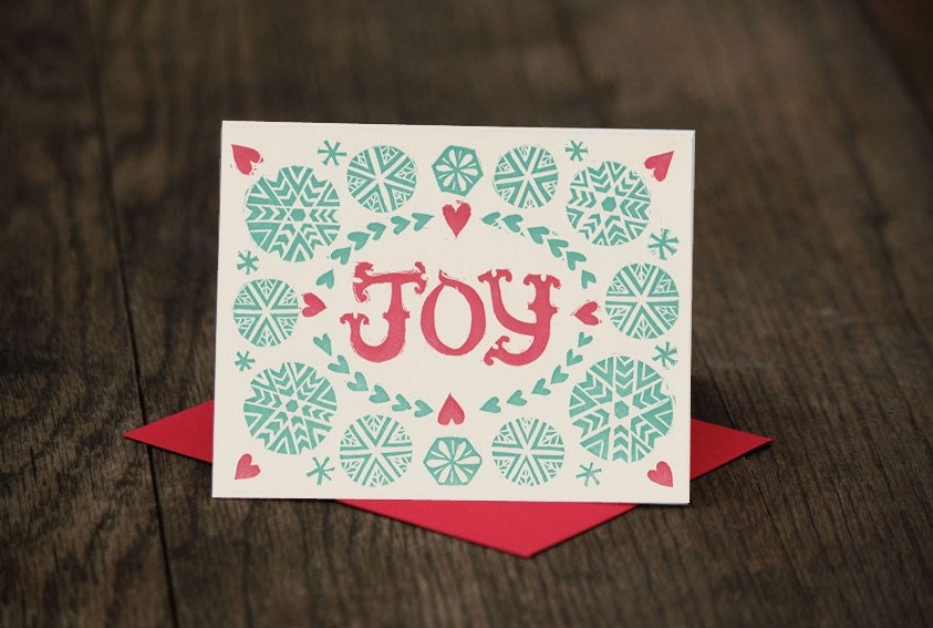 single JOY block printed greeting card