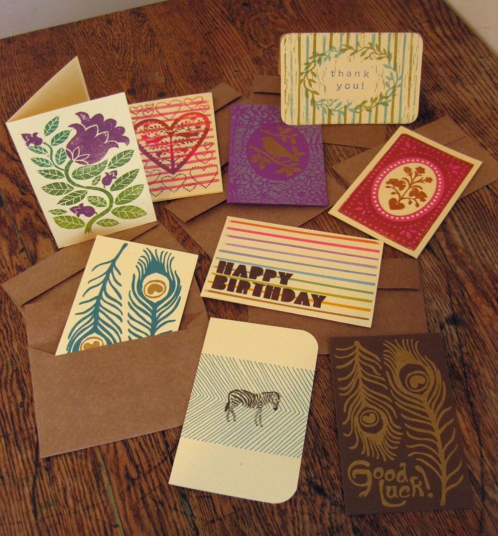 set of nine hand-printed cards, Emily assortment