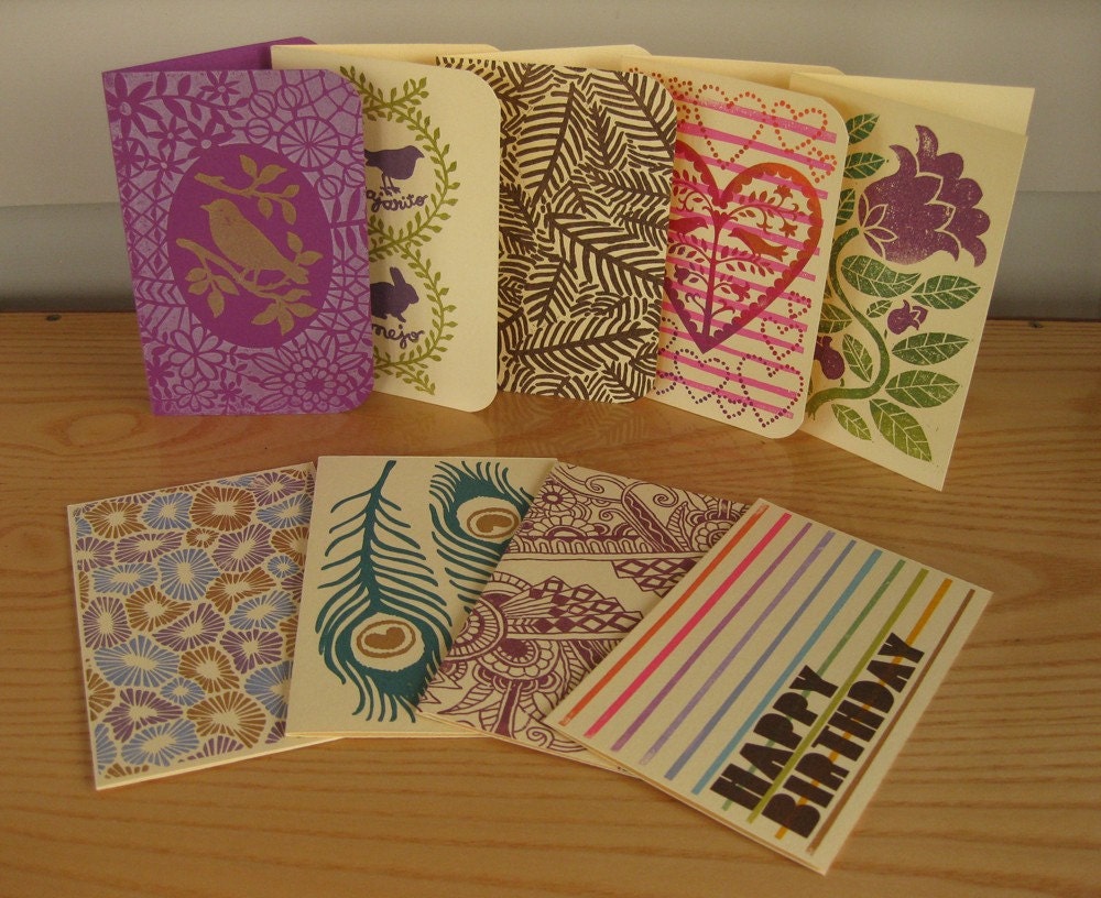 set of nine hand-printed cards, Fern assortment