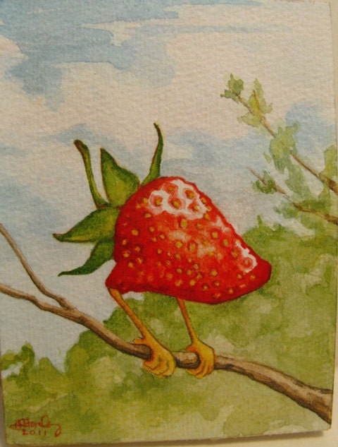 A Strawberry Bird - Watercolor Painting
