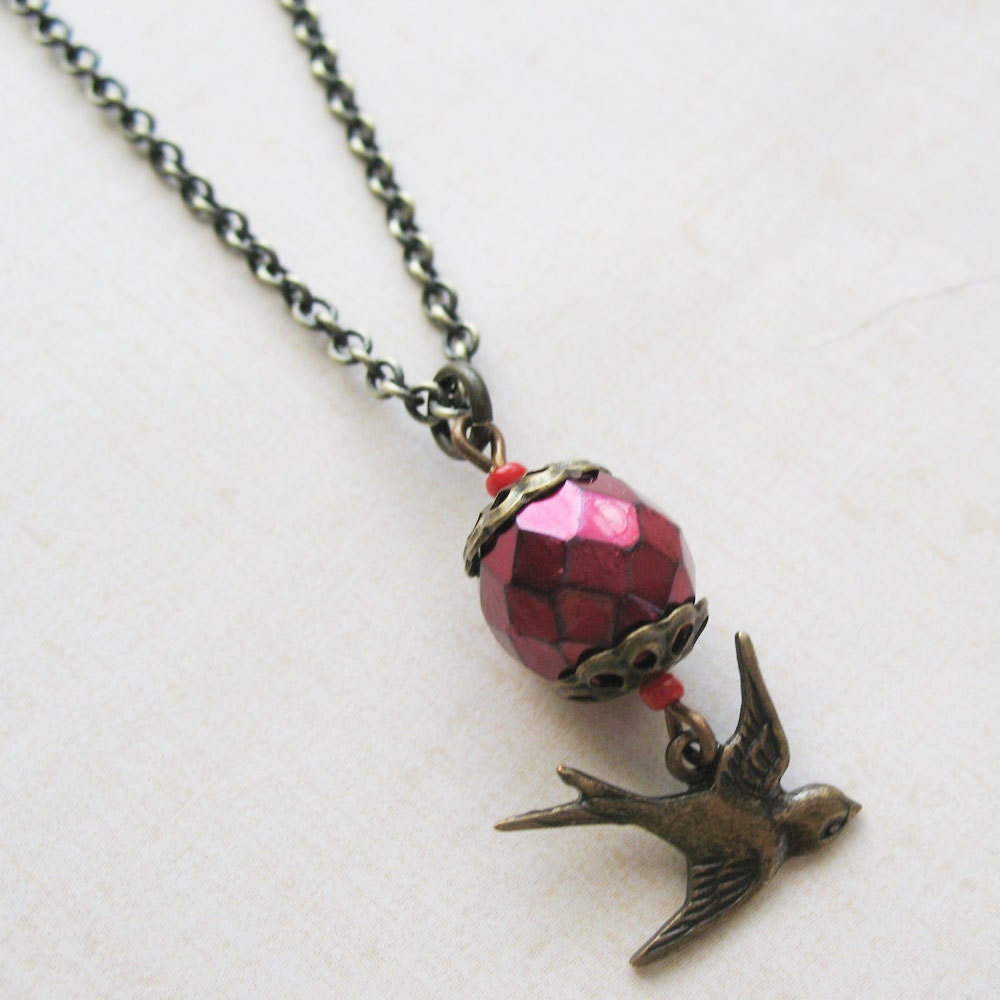 Enchanted Side Show - Brass Antique Finish Swallow Bird Necklace