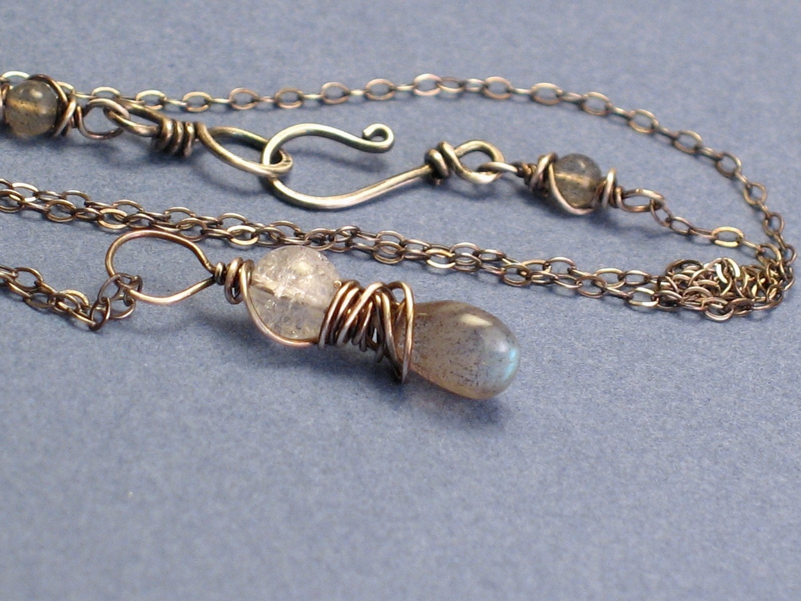 Viking Girl Necklace - Labradorite and Quartz on Oxidized Sterling Silver Chain