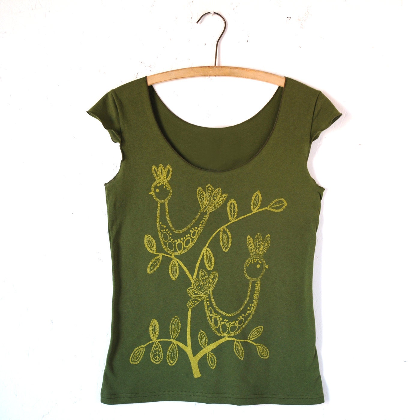 SALE Partridge, Folkloric Design, Olive Scoop Neck Tee, Hand Screen Printed by Maryink