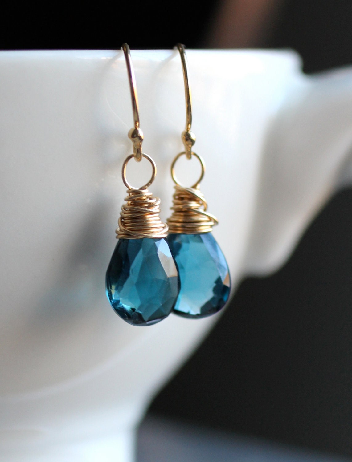 London Blue Topaz Gemstone Earrings - 14k gold fill Wire Wrapped Briolette Earrings  - December Birthstone, December Birthday