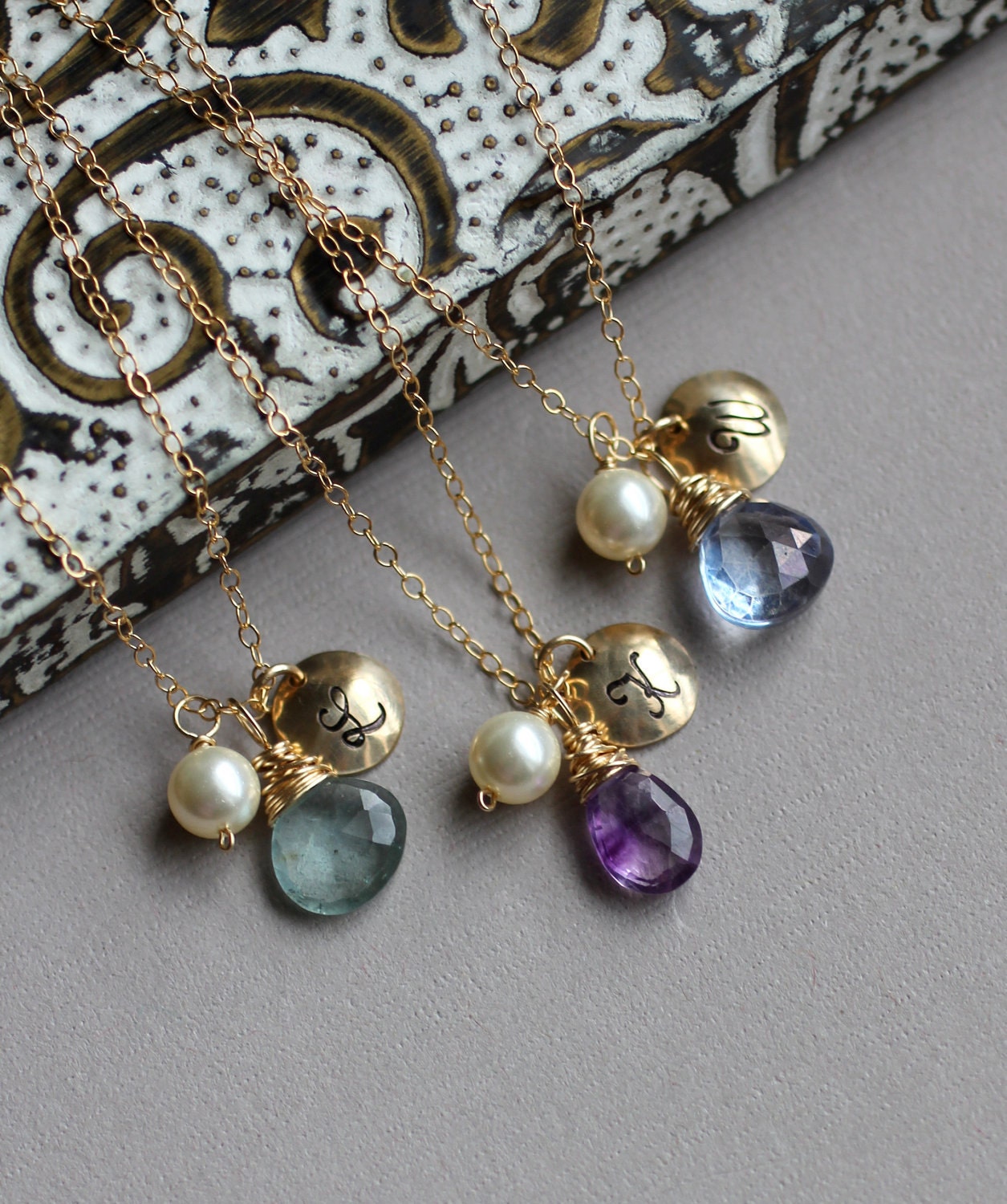 Personalized Necklaces, Gift Set of THREE Gold Initial Charm Necklaces - Custom Stone, Pearl and Initial - 14k gold fill Charm - Keepsake
