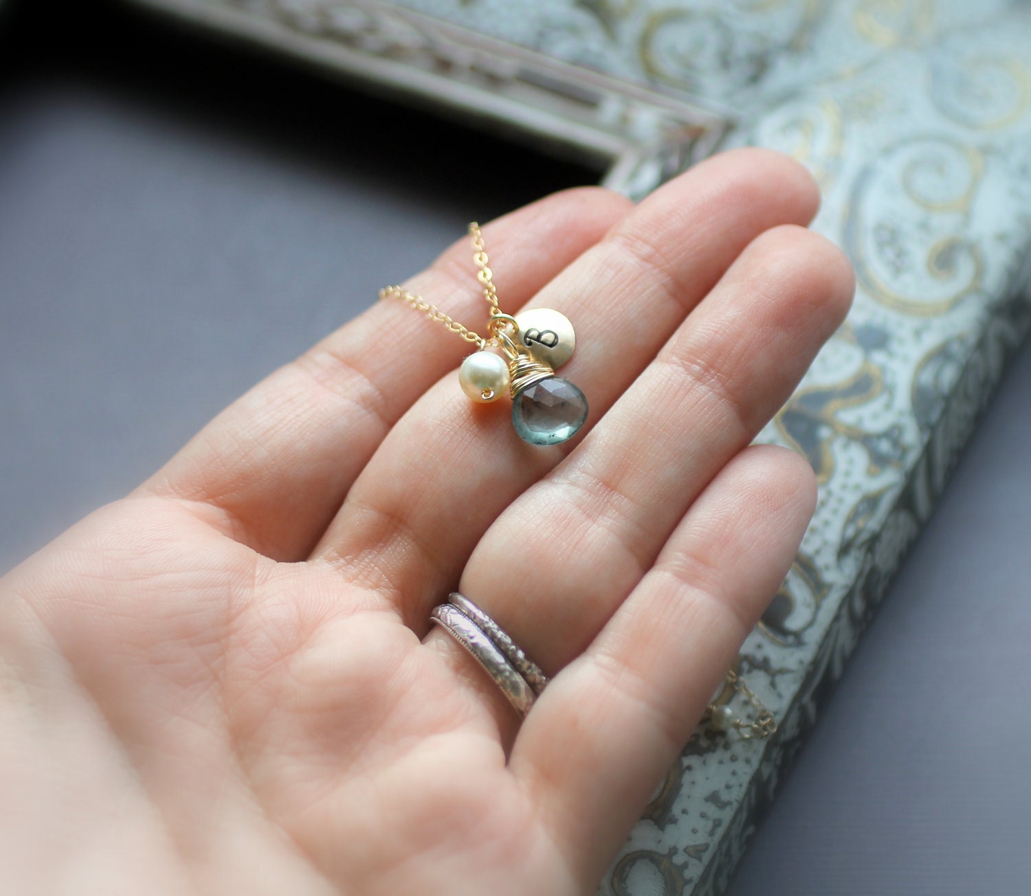 Personalized Gemstone and Pearl Monogrammed Necklace, Moss Aquamarine, 14k gold fill, Custom Stone and Initial, Birthday Gift