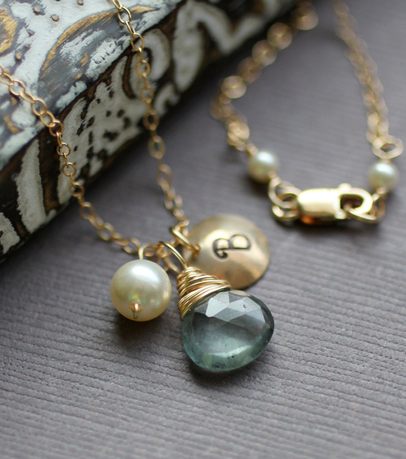 Personalized Gemstone and Pearl Monogrammed Necklace, Moss Aquamarine, 14k gold fill, Custom Stone and Initial, Birthday Gift