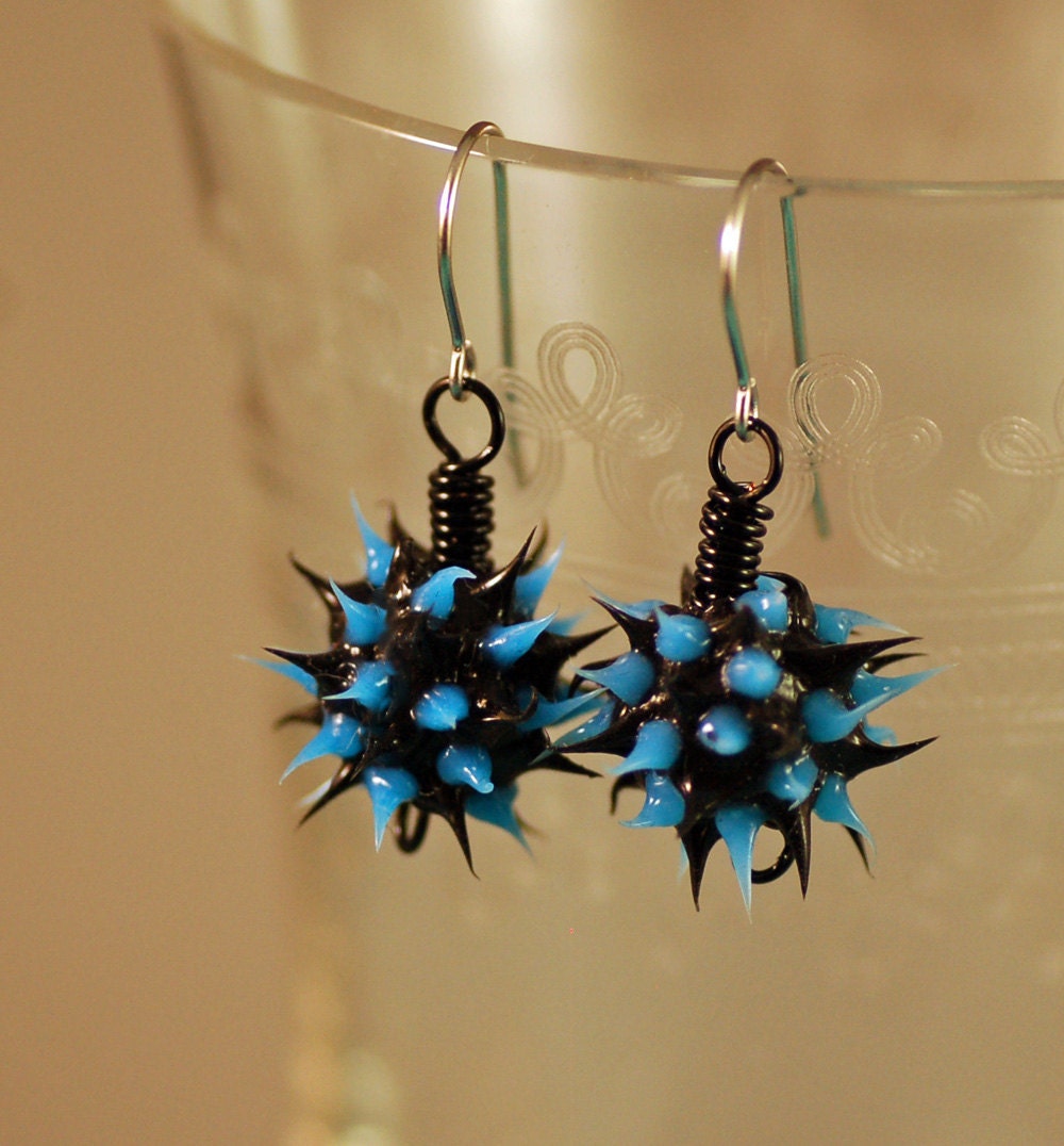 Eco-Chic Earrings Featuring Spiky Black & Blue Recycled Tire Rubber Beads