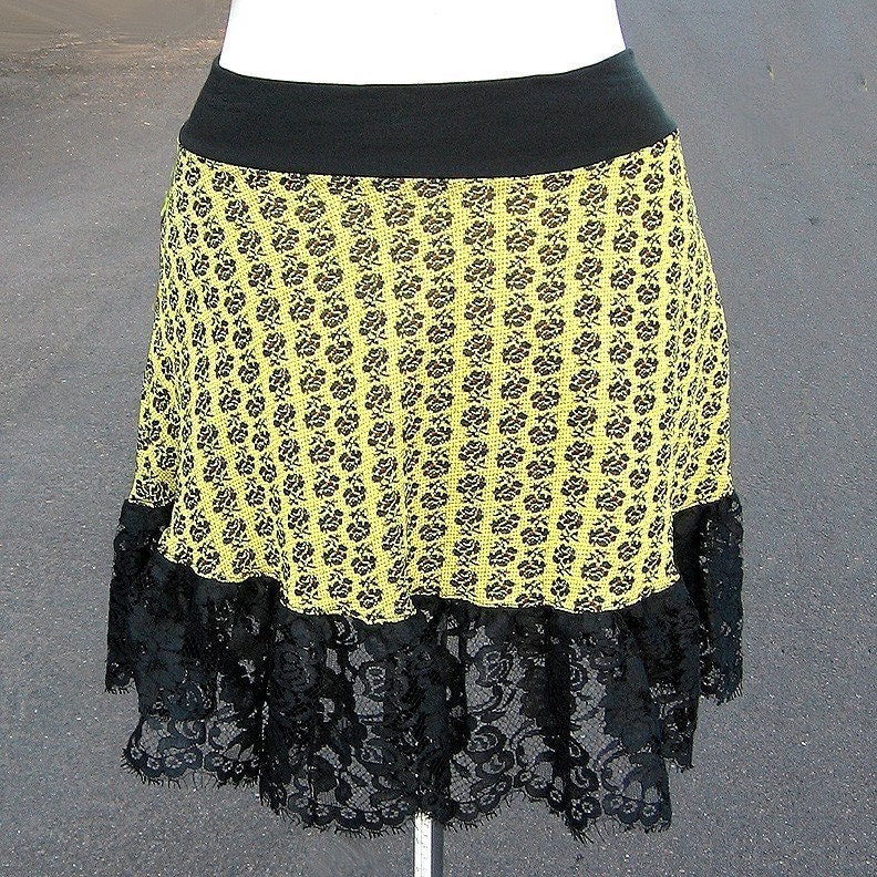 BLACK ROSE LICHTENSTEIN Punk Mini Skirt 1970s vintage fabric skirt gypsy lace custom xs to xl womens plus size blacklight toxic yellow skirt