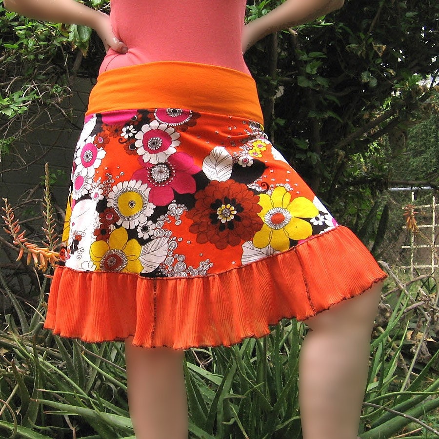 ORANGE Flower Power Mini Skirt Eco Fashion 1960s Vintage fabric womens summer skirt ruffle upcycled clothing Custom SM or MED spring fashion