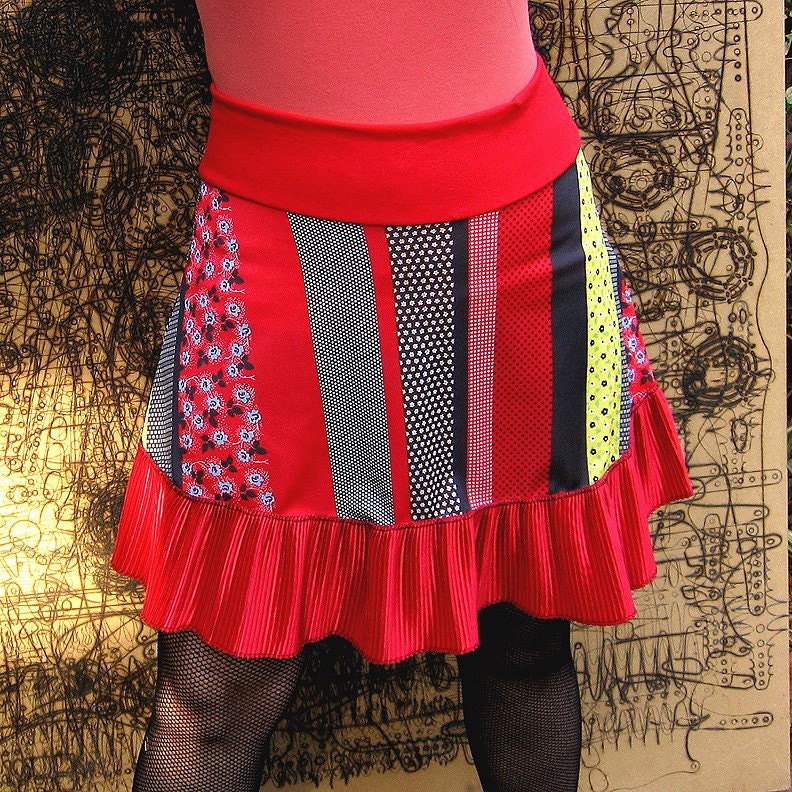 Poly Punk Patchwork Skirt - Black Stripe Vintage fabric mini skirt - red accordion ruffle -- XS Small Medium only