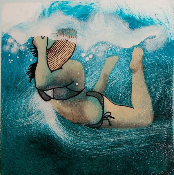 Blue Swimmer Girl-Print of My Original Painting 12x12 inches