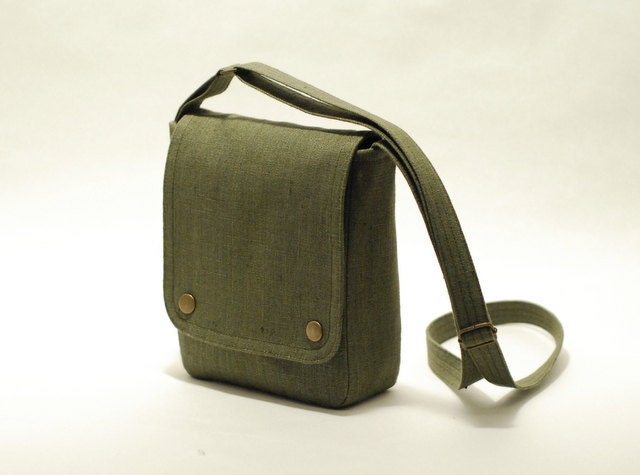 Small messenger bag, khaki green - small cross body bag - linen bag