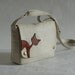Small linen messenger bag - variegated natural linen - chestnut brown leather cat applique