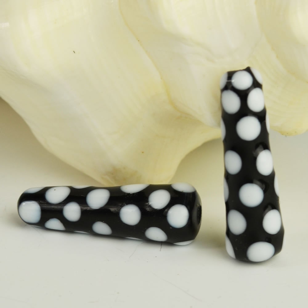 Reserved for Wendy - Lampwork Glass Bead Pair Black with White Dots SRA
