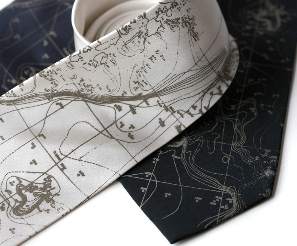 Topographical Error, seafloor contour map. Screenprinted SILK necktie.