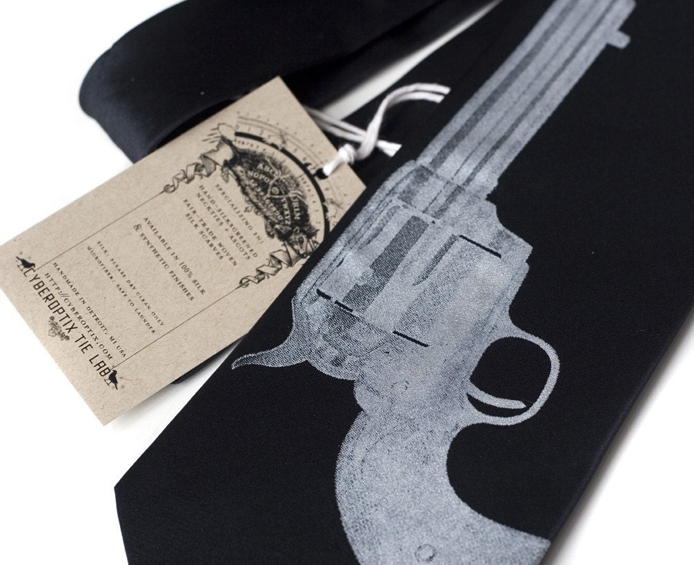 Aw Shoot black gun silk necktie. Antique revolver handgun silkscreen tie. Silver screen printed pistol on black.