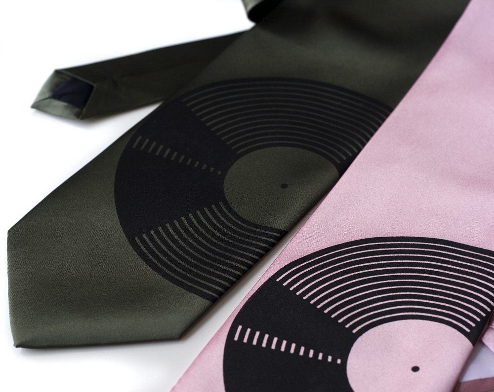 Vinyl Record necktie. Silkscreeed men's tie. Microfiber. Standard width tie. Black print.
