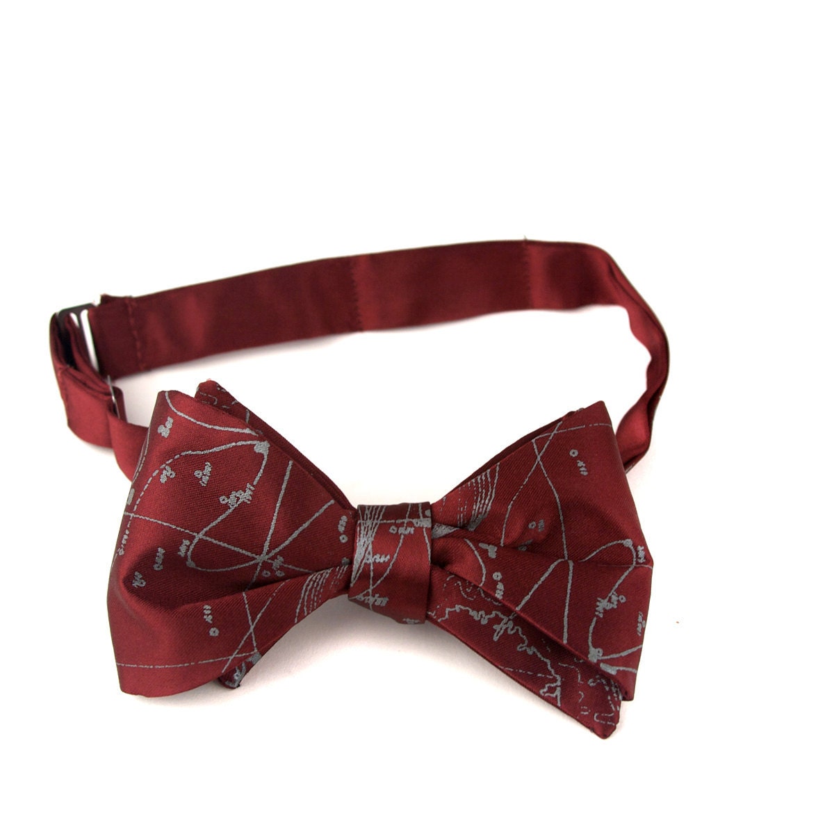 Men's bow tie, screen printed burgundy red "Topographical Map" design. Silkscreened freestyle necktie.