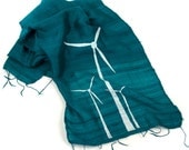 Wind Turbine scarf, teal and white. Silkscreened woven fair trade silk.
