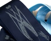 Beer. Hops, barley & wheat men's necktie. Navy, black, charcoal, sky blue tie, dove gray ink. Choose standard or narrow.