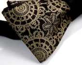 Black "Cottage Lace" bow tie. Self-tie, freestyle mens bow tie. Silkscreened antique brass print.