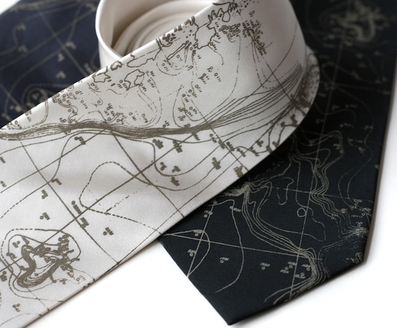 Topographical Error map screen printed silk necktie, nautical seafloor contour map. Silkscreened men's tie.