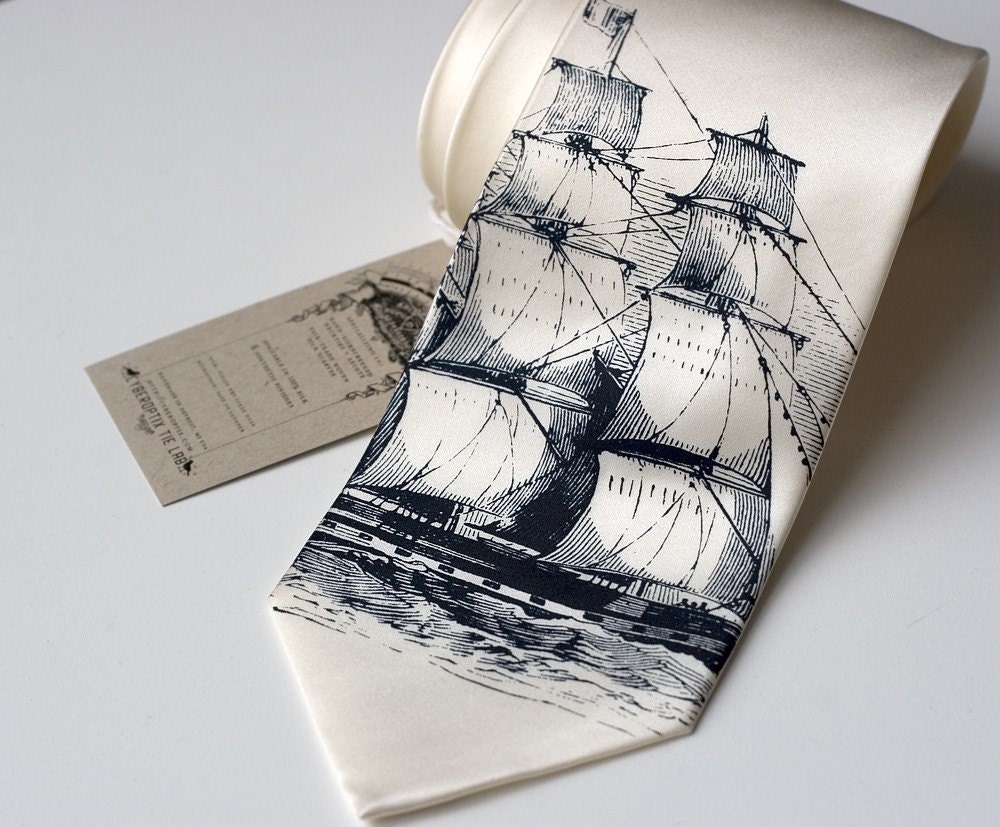 Clipper ship silkscreen necktie, navy ink on cream SILK tie