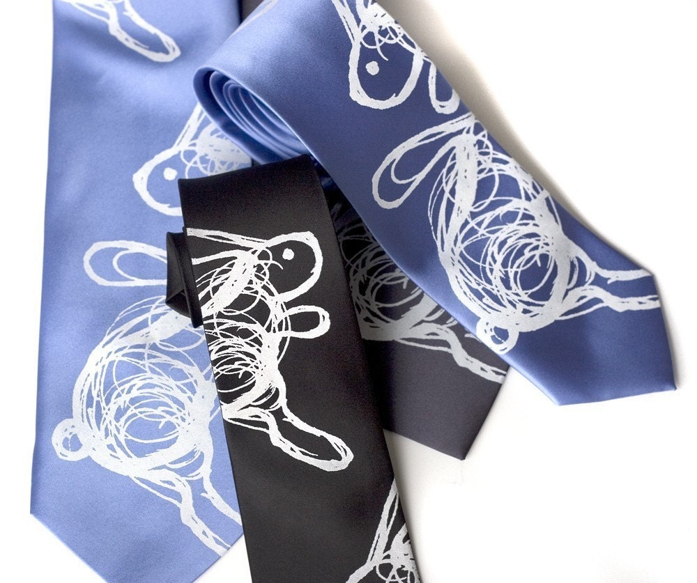 Hare Tie. Sketchy bunny rabbit silkscreened necktie. Choose standard or narrow width.