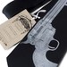 Aw Shoot black gun silk necktie. Antique revolver handgun silkscreen tie. Silver screen printed pistol on black.