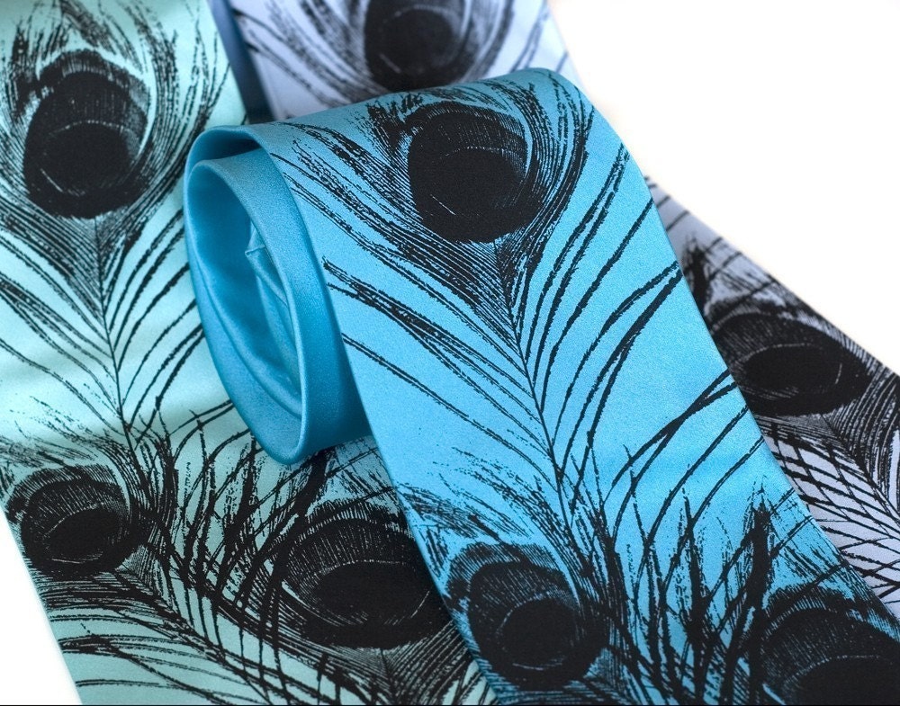 Peacock feather men's silk necktie. Silkscreened tie, black print.