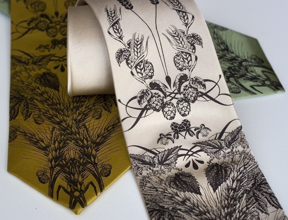 Beer silk tie with hops, barley and wheat. Silkscreen silk necktie. Espresso ink.