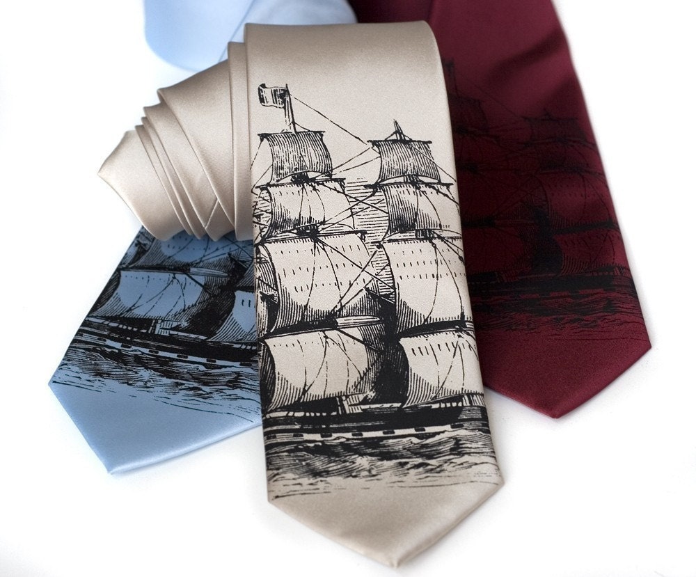 Clipper ship tie. Men's necktie. Black silkscreen print. Choose standard or narrow microfiber.
