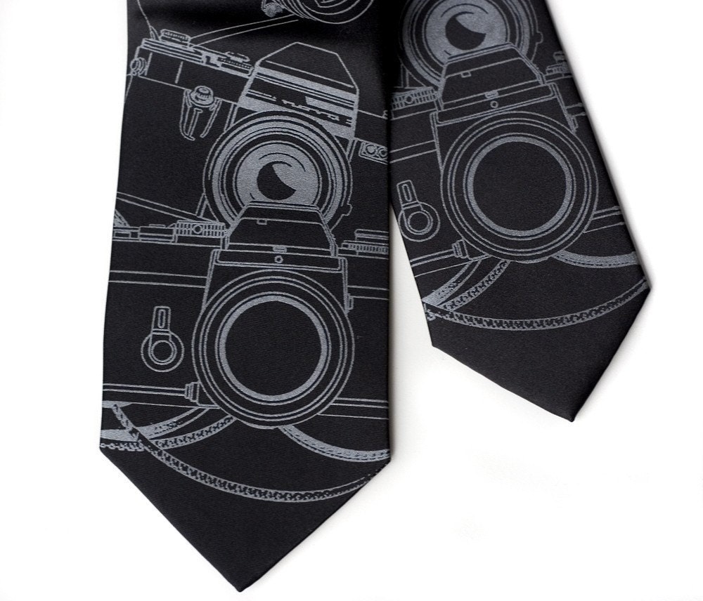 Vintage camera necktie. Screen printed men's black tie. Choose standard, narrow or skinny size. Microfiber tie.