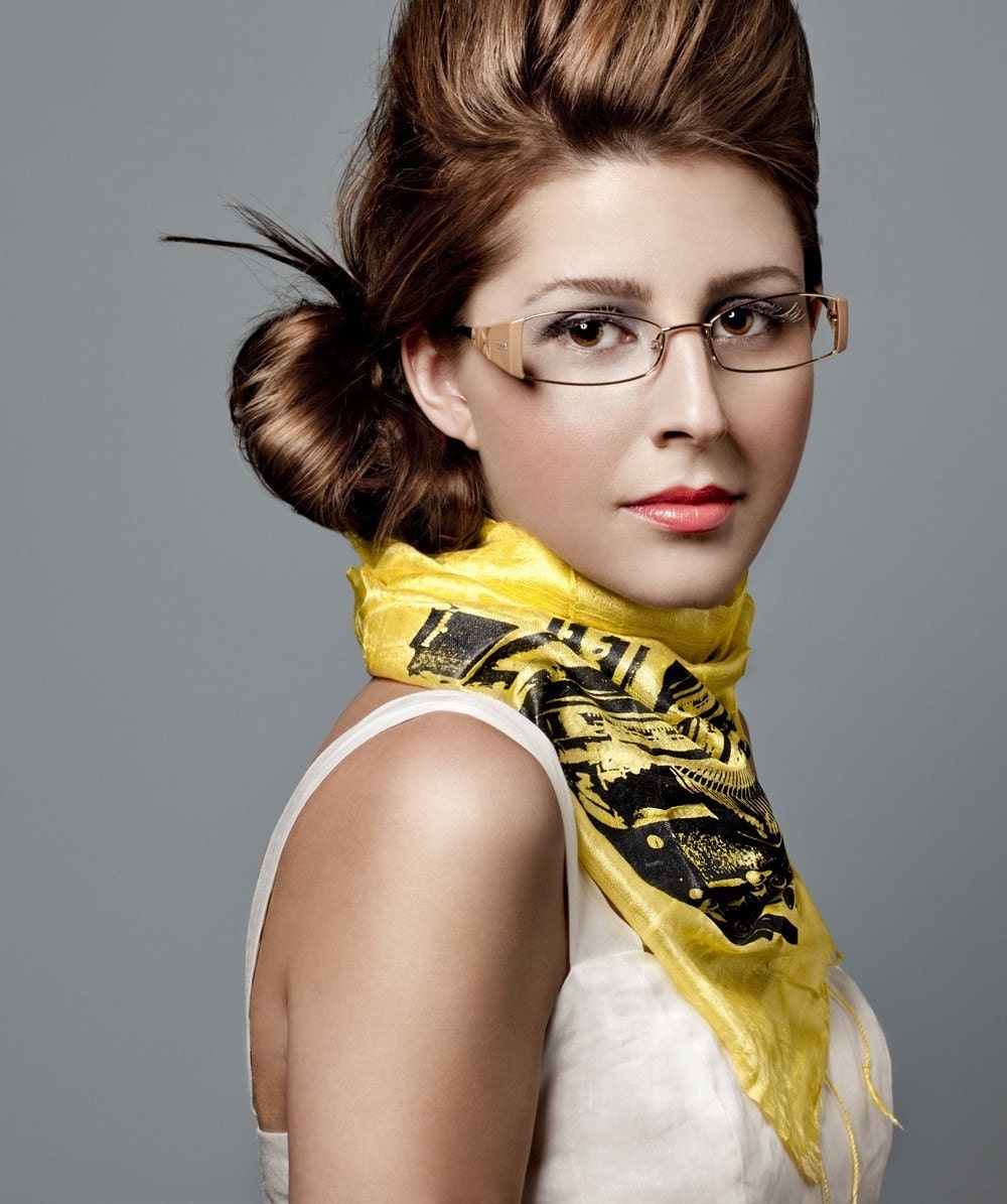 Vintage Typewriter. Lemon yellow silkscreened woven silk scarf, fair trade.