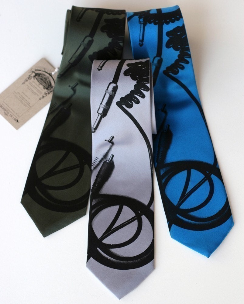 Screen printed necktie, Cable Tie. RCA & quarter inch connectors.  Silkscreen microfiber. Choose standard or narrow.