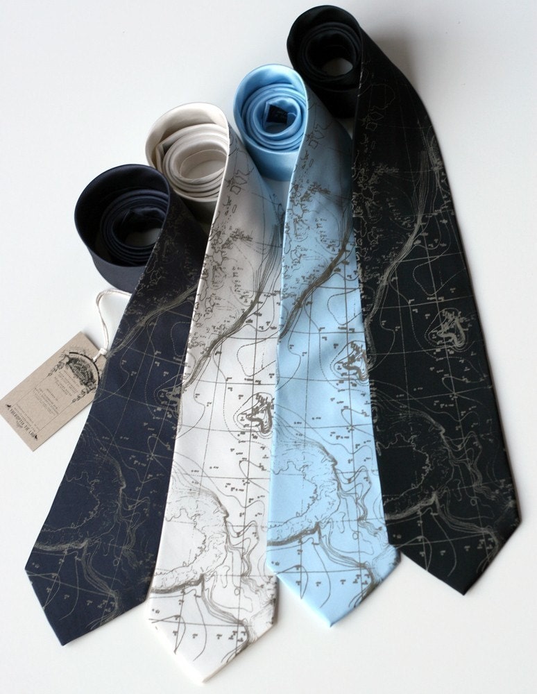 Topographical Error map screen printed silk necktie, nautical seafloor contour map. Silkscreened men's tie.