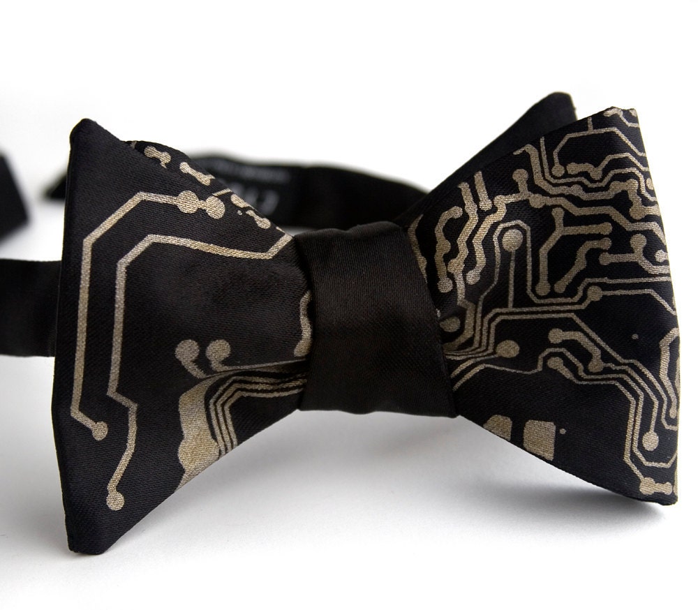 Circuit Board bow tie, freestyle & adjustable men's bow tie. Choose black necktie or more colors. Antique brass print.