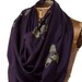 Large eggplant Pashmina scarf. "Poppy" design. Silkscreened with antique brass ink. Unisex.