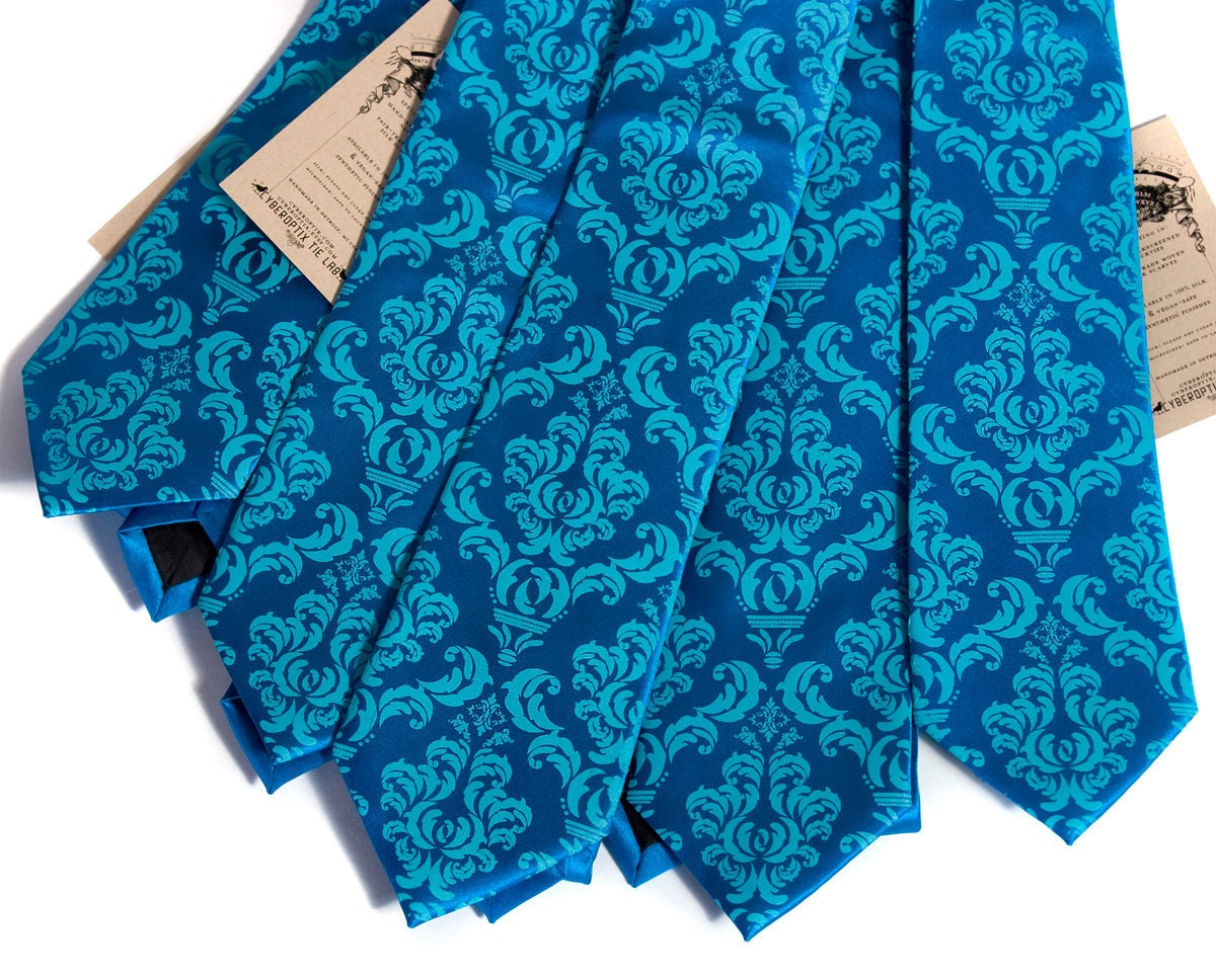 5 microfiber wedding neckties. Groomsmen group discount, matching vegan-safe ties, shown in turquoise screenprinted damask