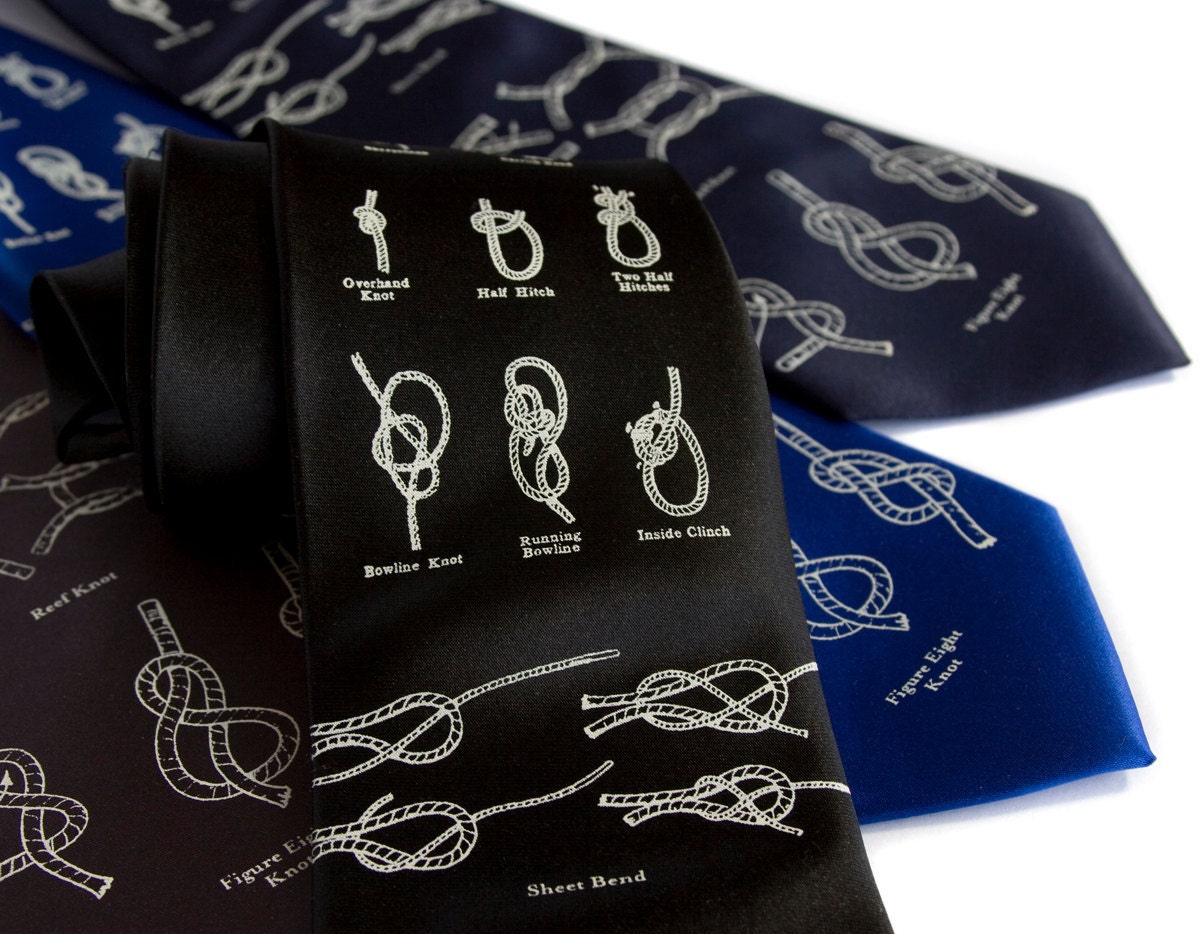 Navy blue "KNOTical" necktie. Sailor's knots nautical print. Microfiber. Tie the knot. Standard or narrow