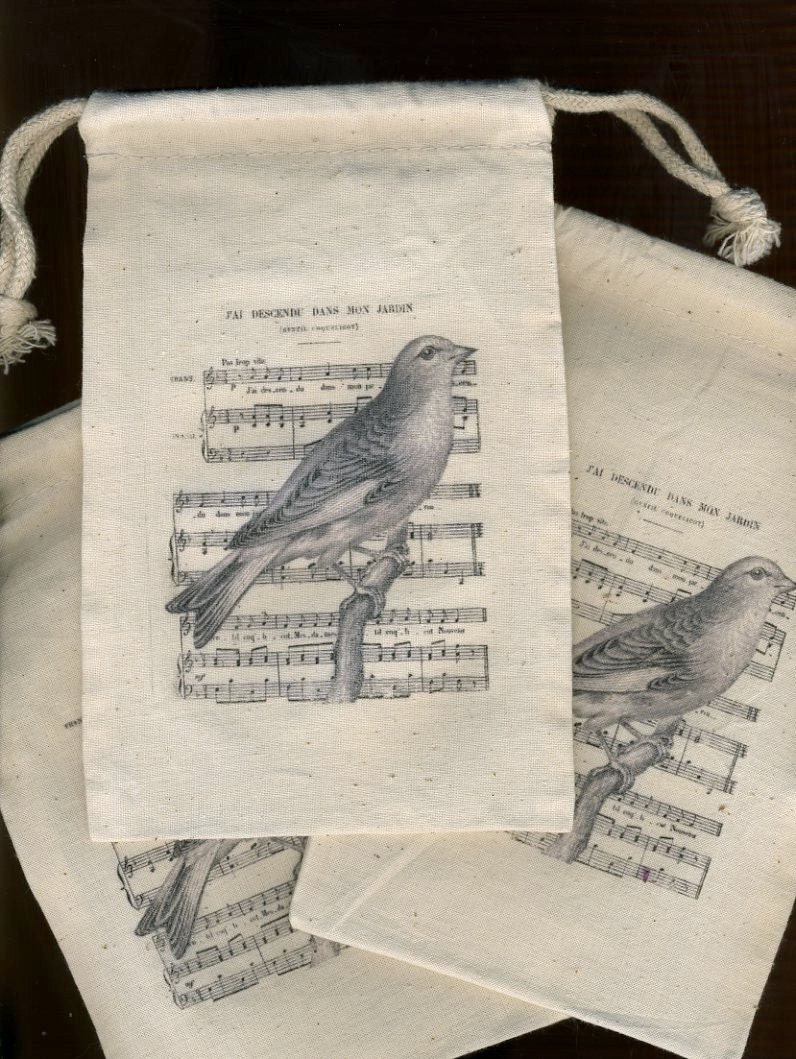 Muslin bags gift bags large with Music Bird Collage