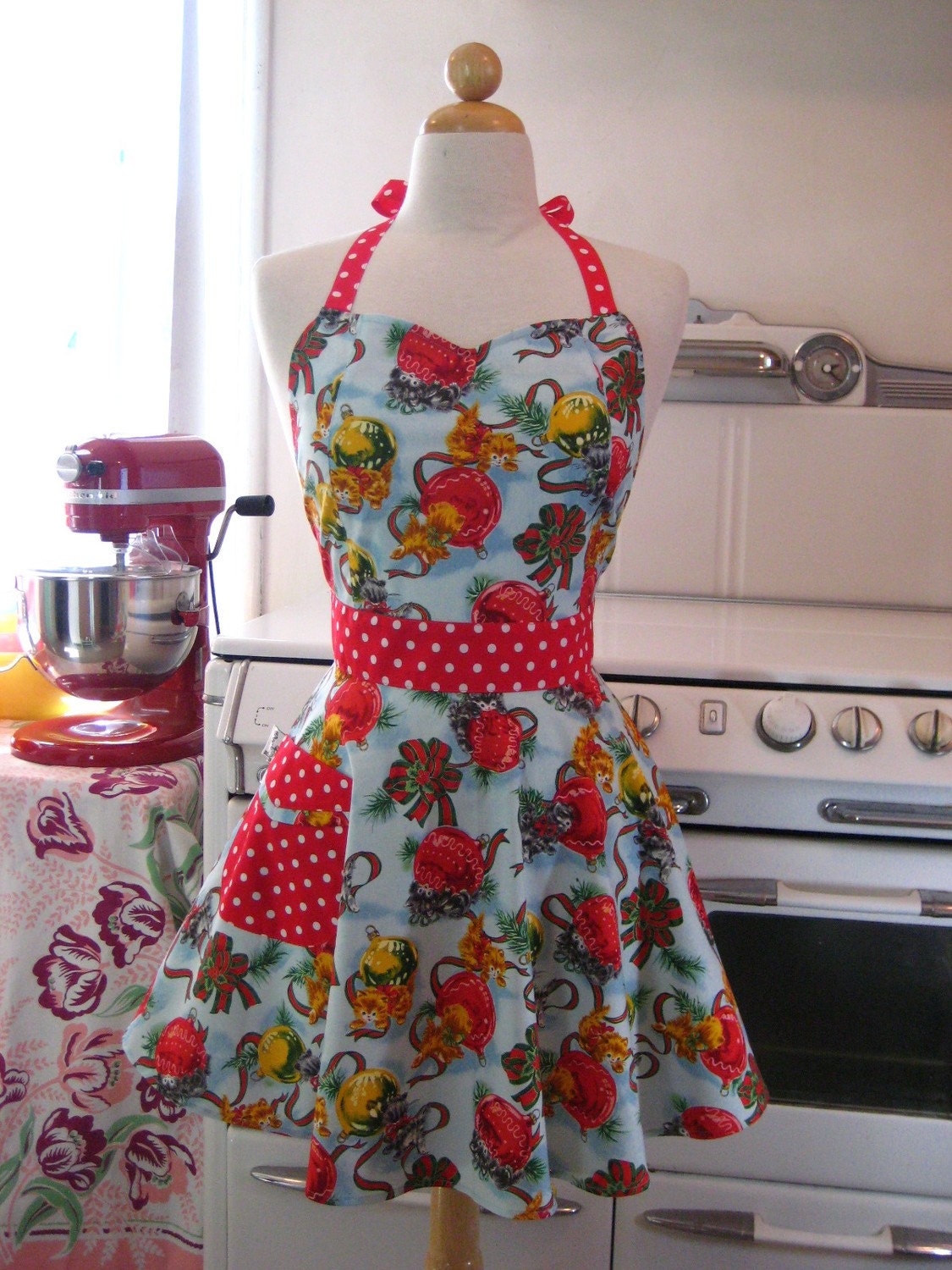 Retro Apron Christmas Blue Kitty BELLA