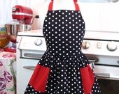 Vintage Inspired Black and White Polka Dot with RED Full Apron for Little Girls