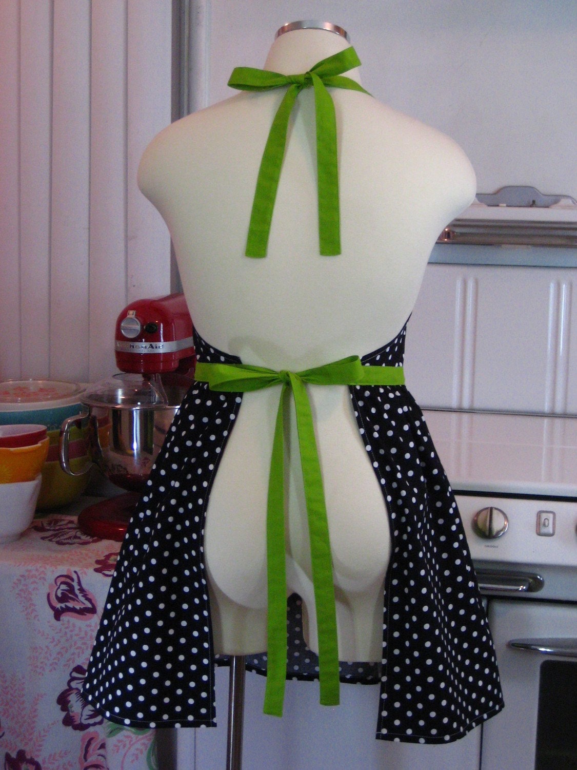 Plus Size Apron - Polka Dot Black White with Lime Green