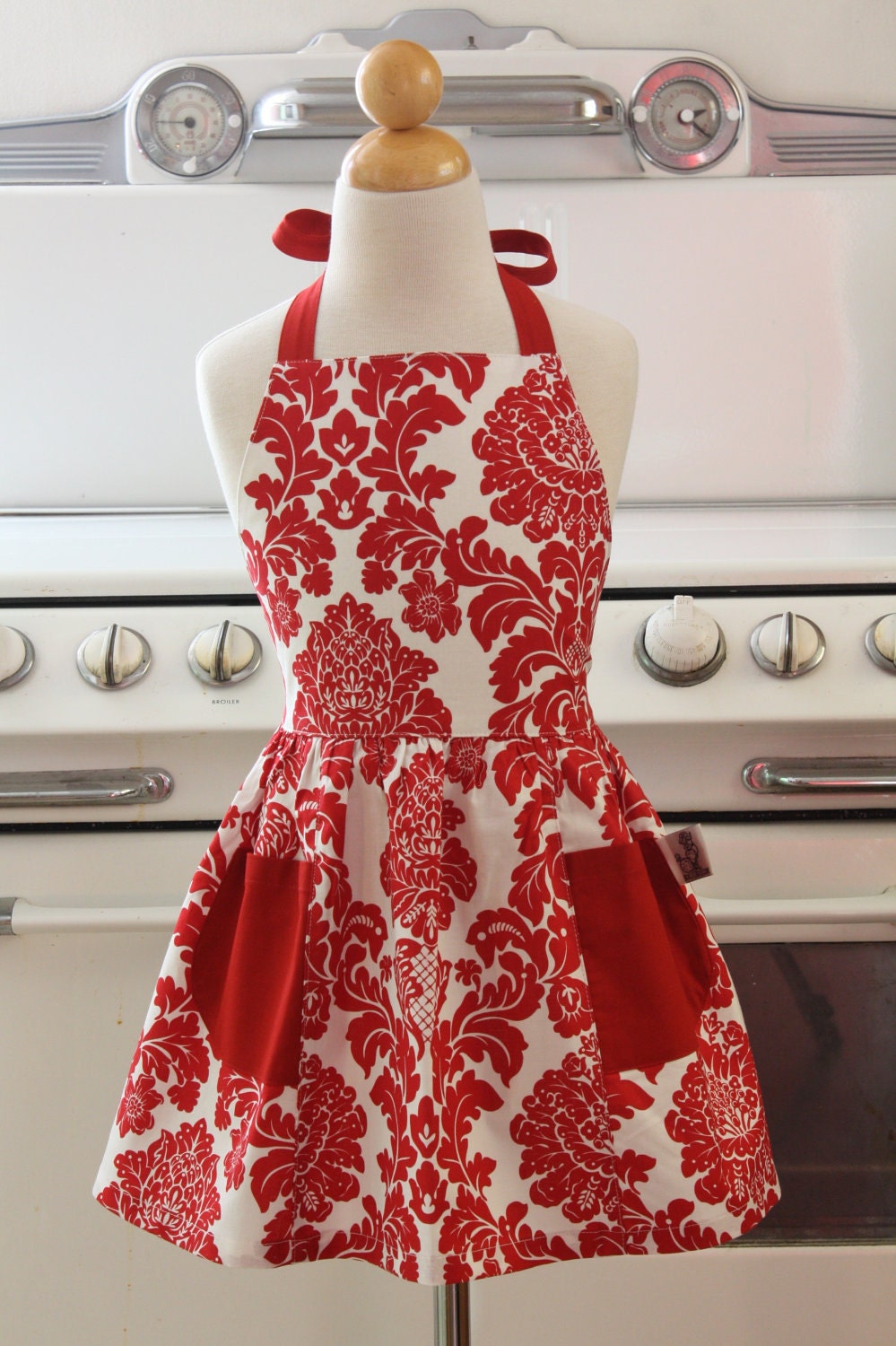 Retro Apron for Little Girls Red and White Damask Full Apron