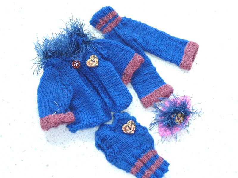 Barbie Clothes - Knit Blue and Dusty Rose and Faux Fur 4 Piece Set Fashion Doll