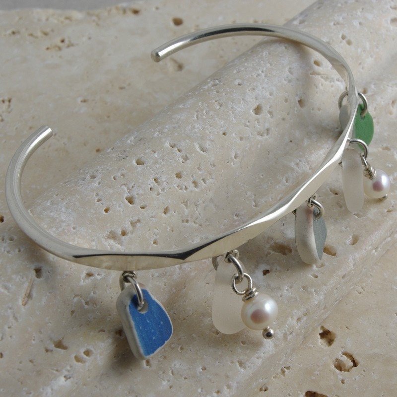 Handmade Eco-Friendly Jewelry - Authentic Sea Glass Bracelet - Sterling Silver Beach Pottery Bangle