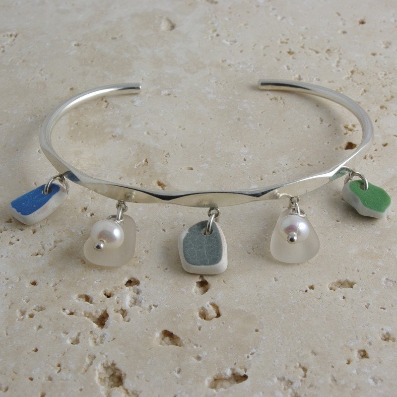 Handmade Eco-Friendly Jewelry - Authentic Sea Glass Bracelet - Sterling Silver Beach Pottery Bangle